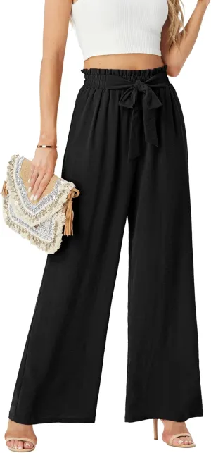 Womens Wide Leg Pants High Waist Flowy Adjustable Knot Loose Trousers Casuals Lounge Business Pants with Pockets