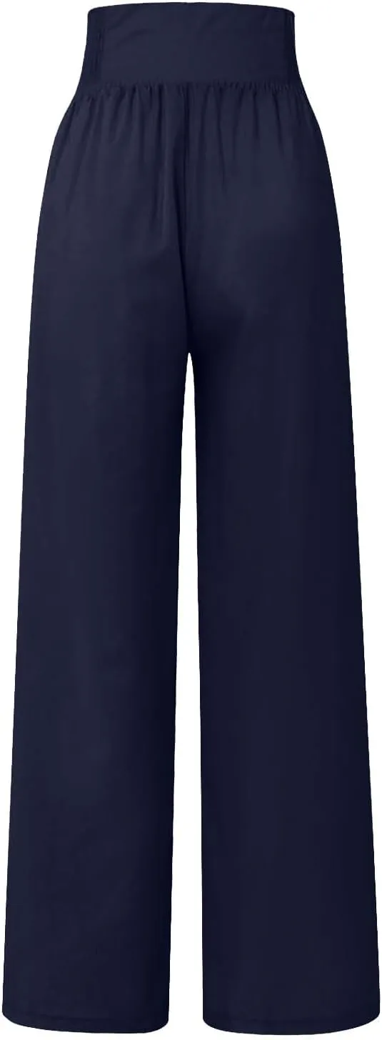 Women's Wide Leg Pants High Waist Linen Trousers Solid Elastic Waist Slim Fit Pants with Pockets Loose Lounge Pants