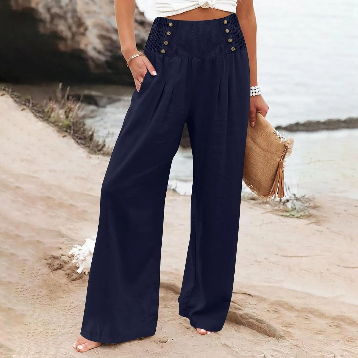 Women's Wide Leg Pants High Waist Linen Trousers Solid Elastic Waist Slim Fit Pants with Pockets Loose Lounge Pants