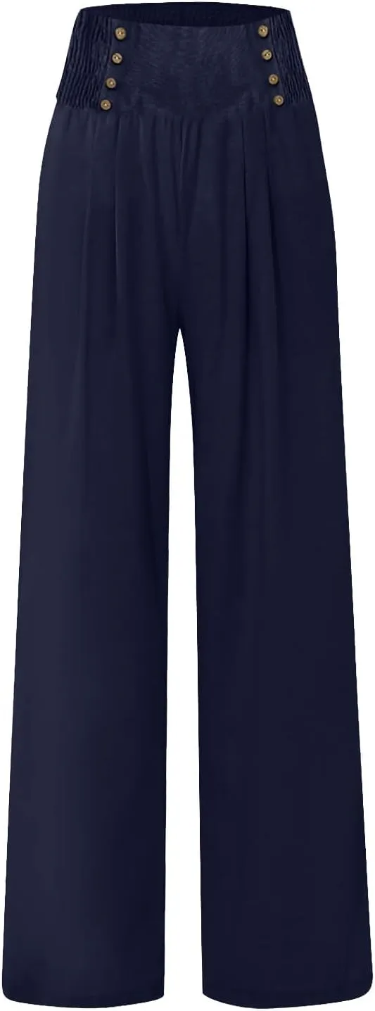 Women's Wide Leg Pants High Waist Linen Trousers Solid Elastic Waist Slim Fit Pants with Pockets Loose Lounge Pants