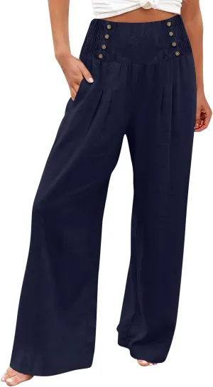 Women's Wide Leg Pants High Waist Linen Trousers Solid Elastic Waist Slim Fit Pants with Pockets Loose Lounge Pants
