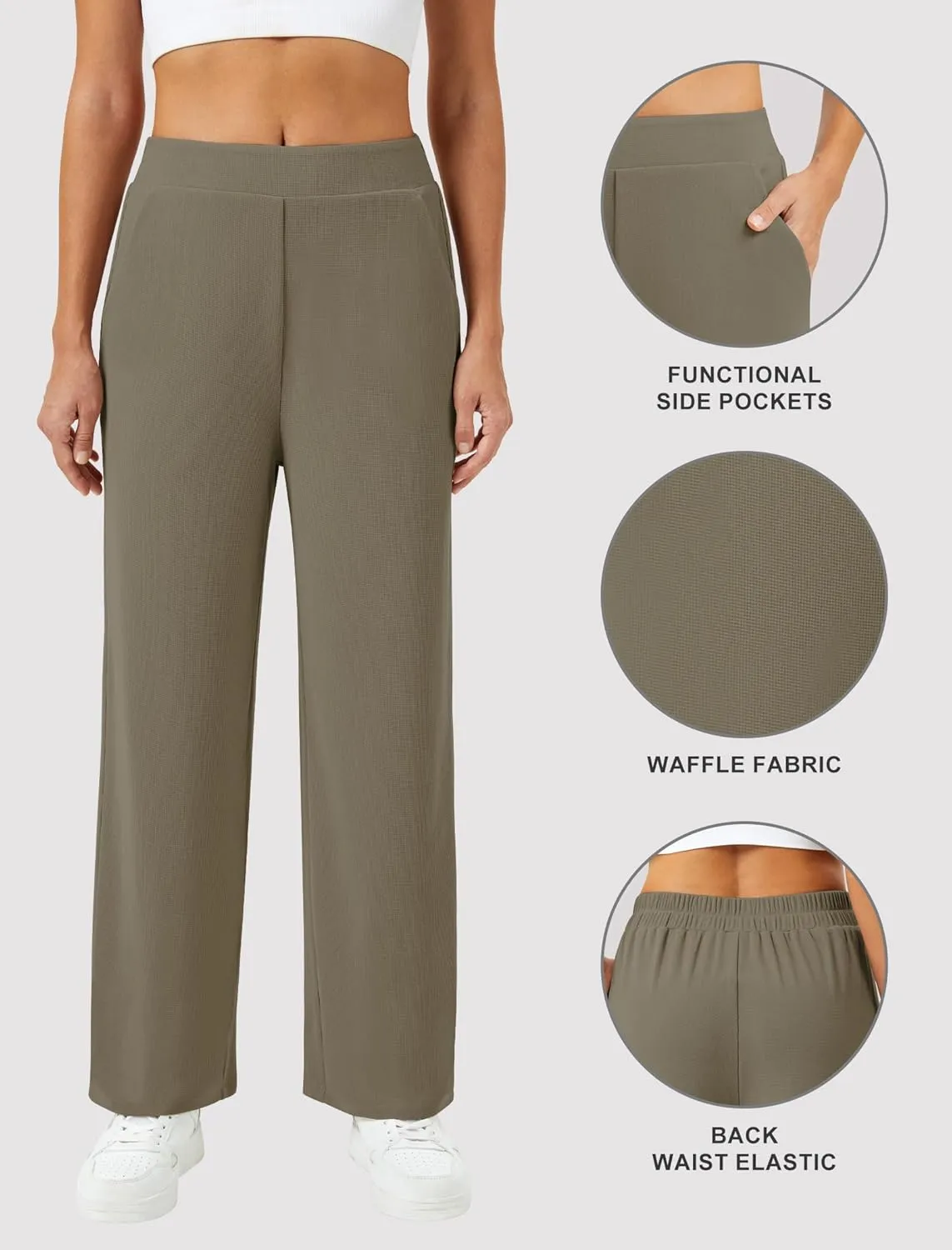 Womens Wide Leg Pants High Waisted Elastic Waffle Dressy Casual Business Trousers with Pockets