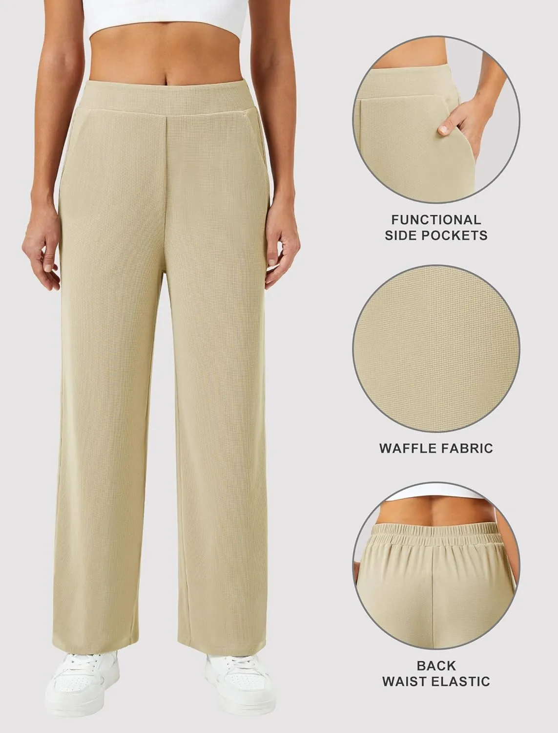 Womens Wide Leg Pants High Waisted Elastic Waffle Dressy Casual Business Trousers with Pockets