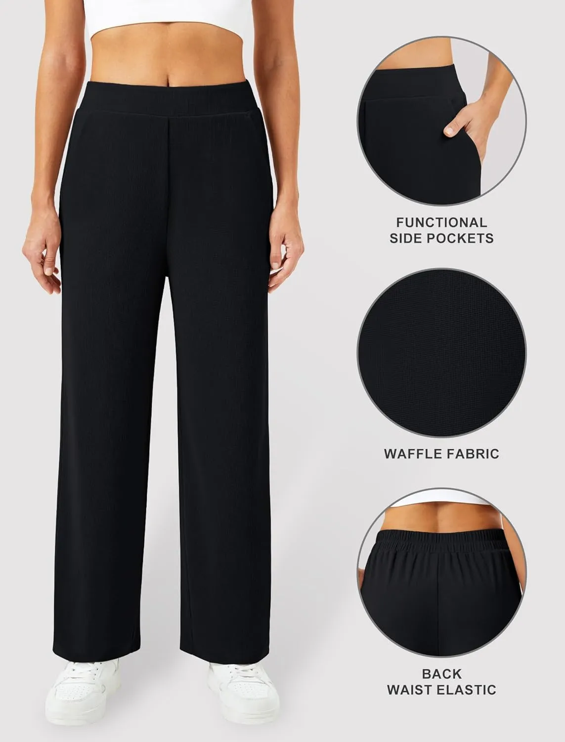 Womens Wide Leg Pants High Waisted Elastic Waffle Dressy Casual Business Trousers with Pockets