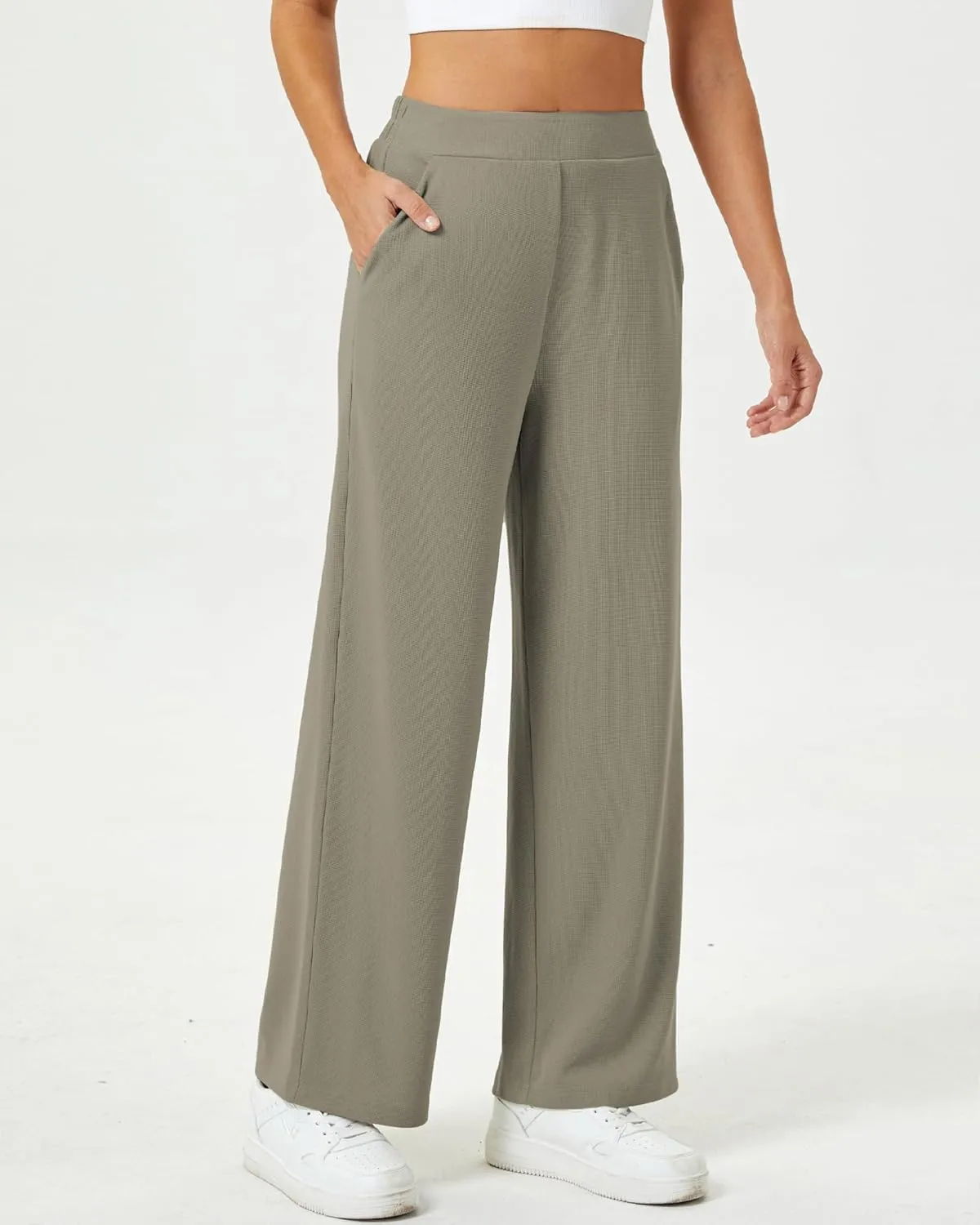 Womens Wide Leg Pants High Waisted Elastic Waffle Dressy Casual Business Trousers with Pockets