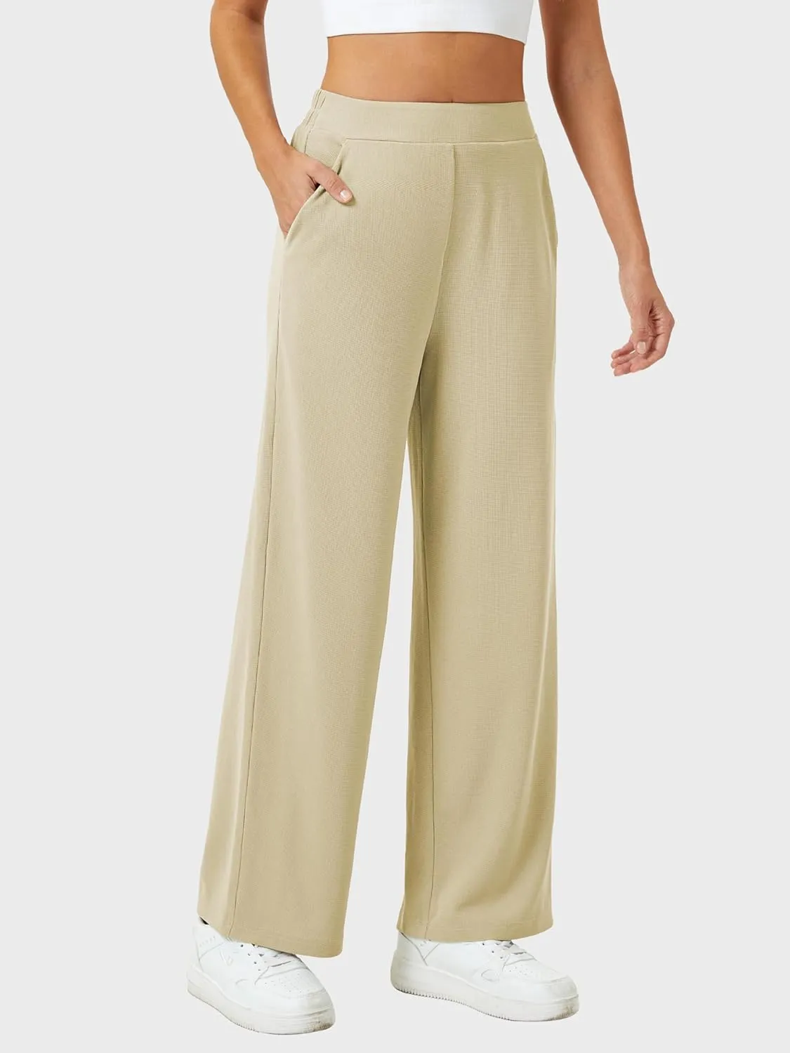 Womens Wide Leg Pants High Waisted Elastic Waffle Dressy Casual Business Trousers with Pockets