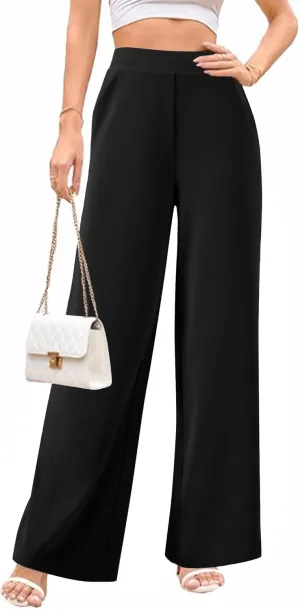 Womens Wide Leg Pants High Waisted Elastic Waffle Dressy Casual Business Trousers with Pockets