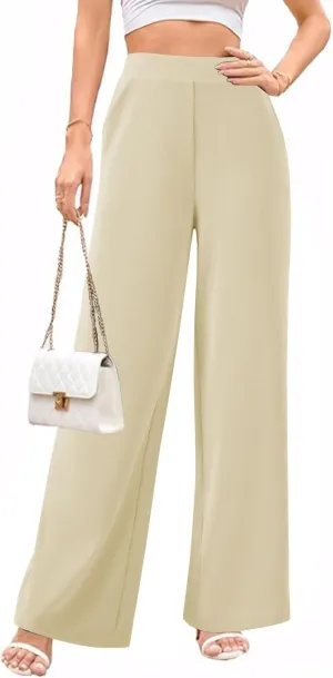 Womens Wide Leg Pants High Waisted Elastic Waffle Dressy Casual Business Trousers with Pockets