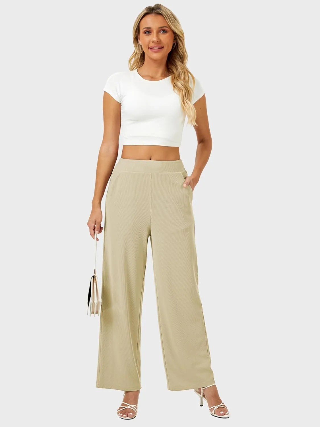 Womens Wide Leg Pants High Waisted Elastic Waffle Dressy Casual Business Trousers with Pockets