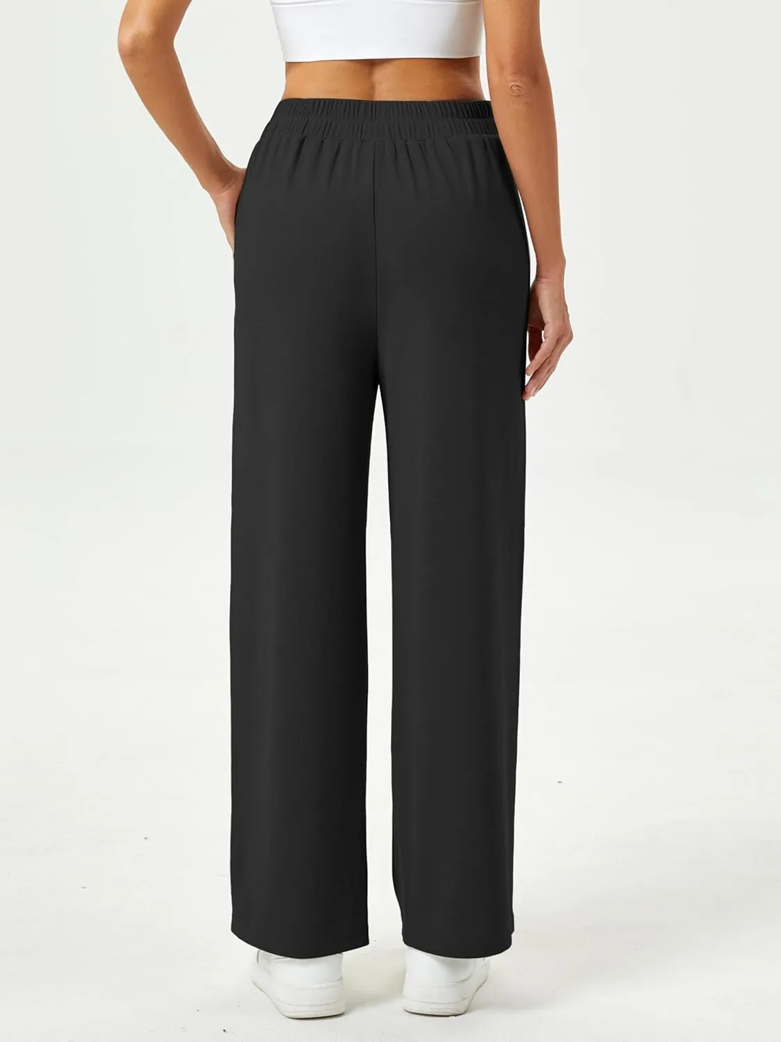 Womens Wide Leg Pants High Waisted Elastic Waffle Dressy Casual Business Trousers with Pockets