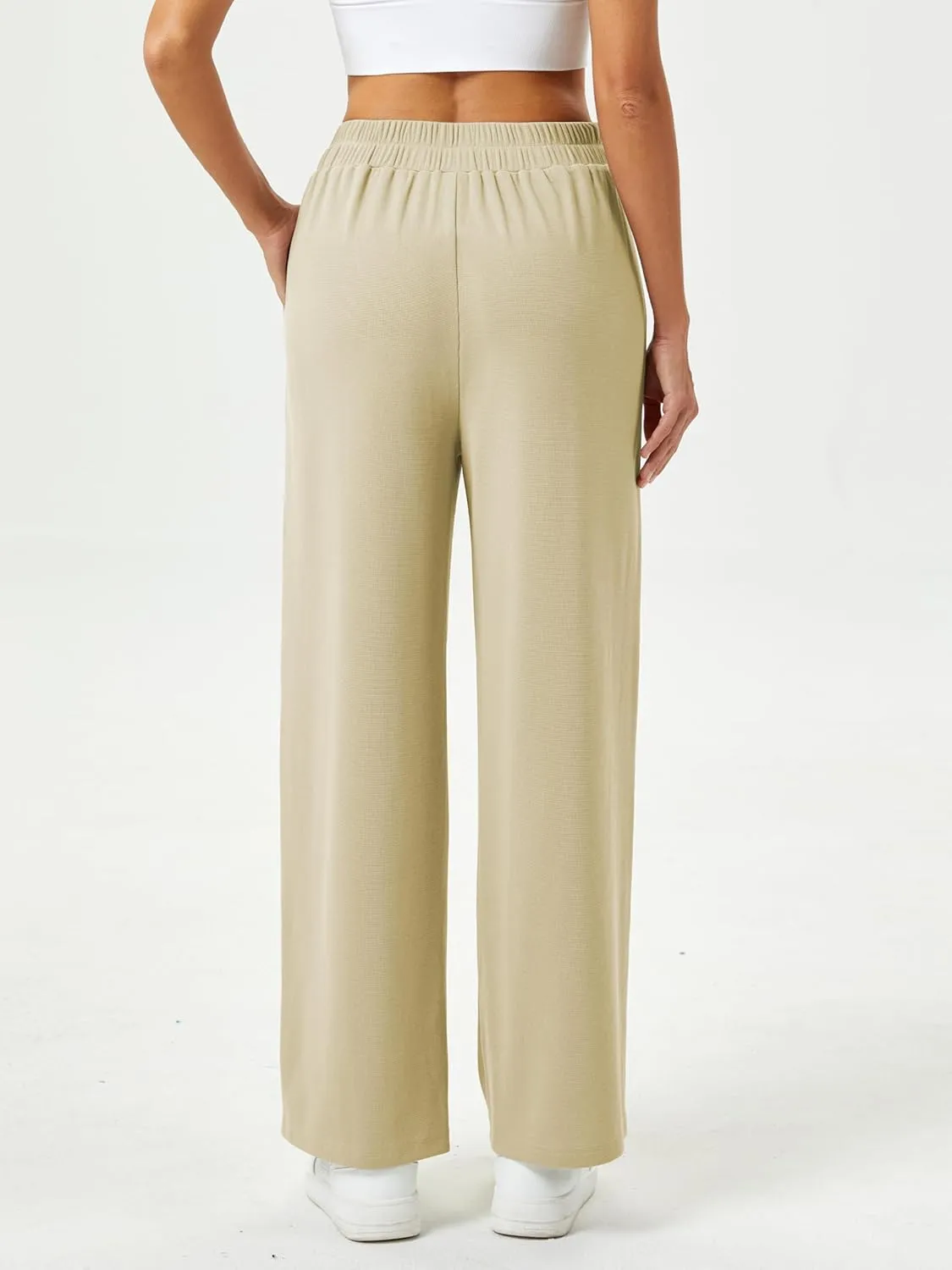 Womens Wide Leg Pants High Waisted Elastic Waffle Dressy Casual Business Trousers with Pockets
