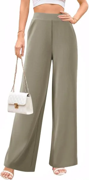 Womens Wide Leg Pants High Waisted Elastic Waffle Dressy Casual Business Trousers with Pockets