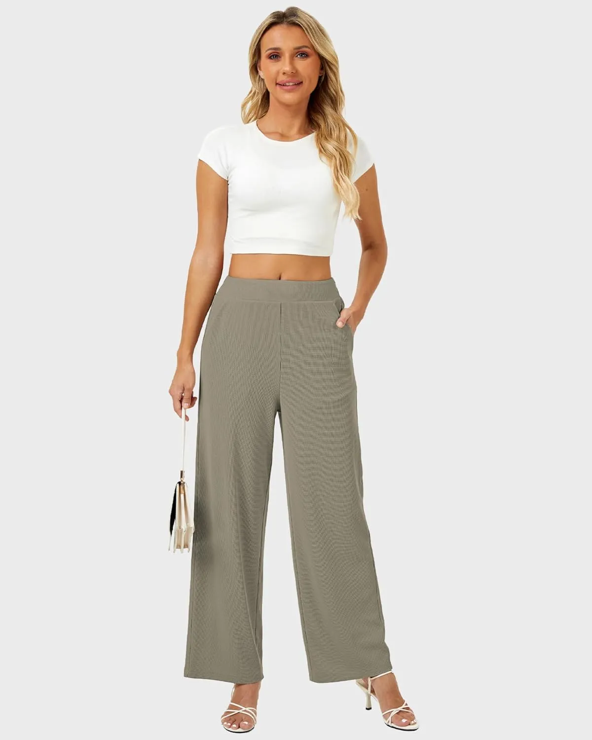 Womens Wide Leg Pants High Waisted Elastic Waffle Dressy Casual Business Trousers with Pockets
