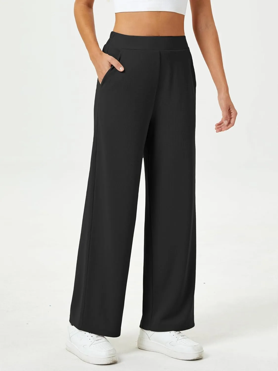 Womens Wide Leg Pants High Waisted Elastic Waffle Dressy Casual Business Trousers with Pockets