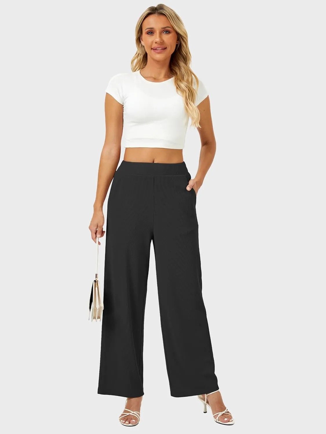 Womens Wide Leg Pants High Waisted Elastic Waffle Dressy Casual Business Trousers with Pockets