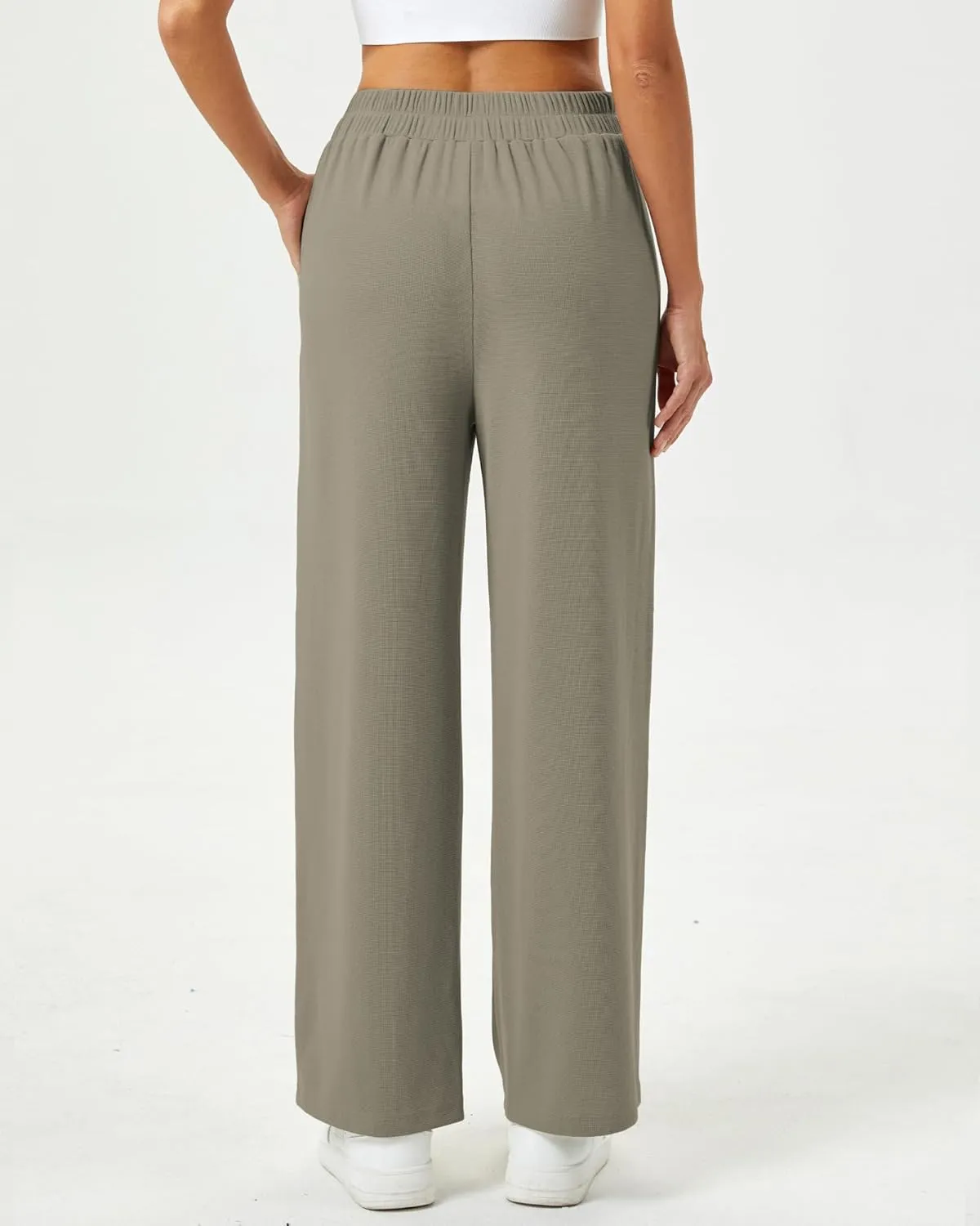 Womens Wide Leg Pants High Waisted Elastic Waffle Dressy Casual Business Trousers with Pockets