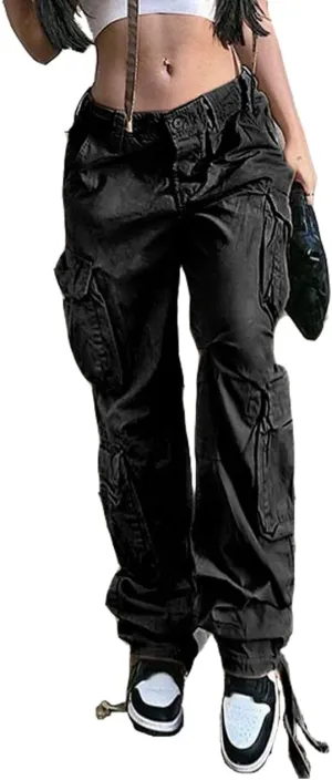 Women's Y2K High Rise Baggy Straight Leg Cargo Pants Streetwear Casual Boyfriend Trousers with Pockets