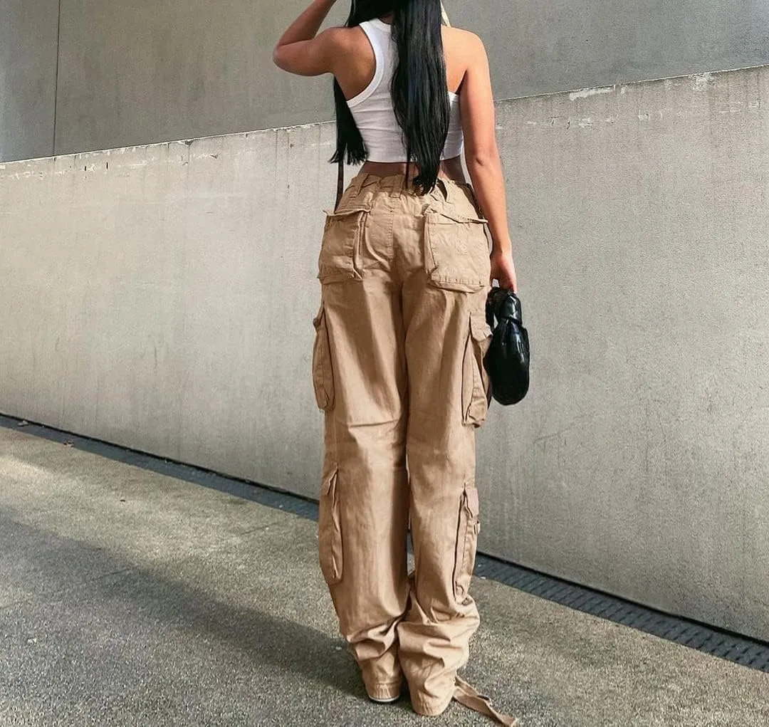 Women's Y2K High Rise Baggy Straight Leg Cargo Pants Streetwear Casual Boyfriend Trousers with Pockets