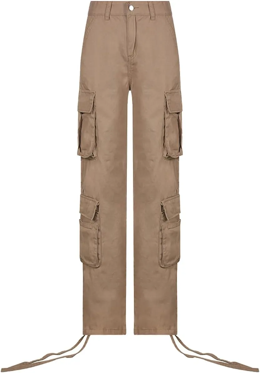 Women's Y2K High Rise Baggy Straight Leg Cargo Pants Streetwear Casual Boyfriend Trousers with Pockets