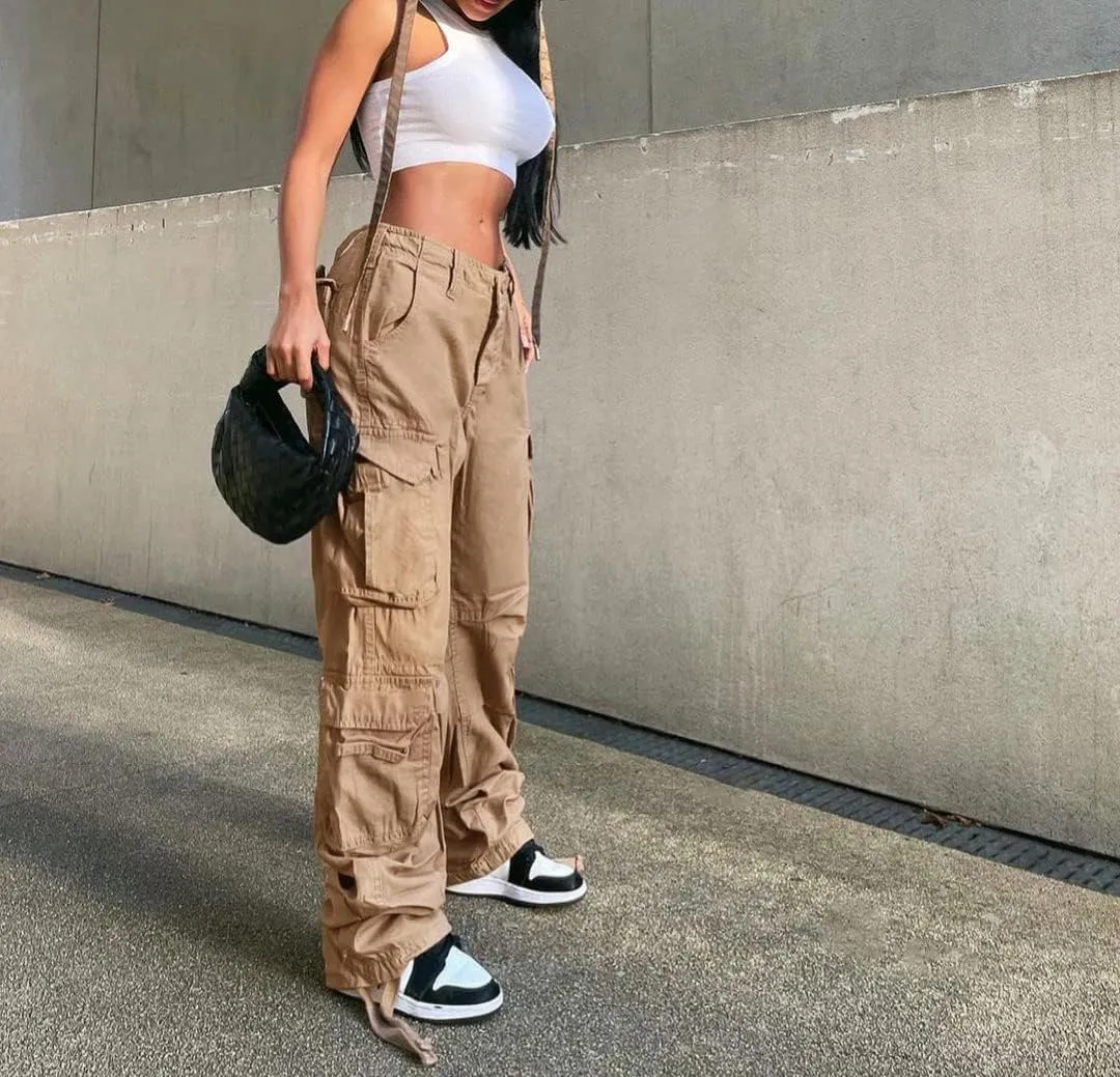 Women's Y2K High Rise Baggy Straight Leg Cargo Pants Streetwear Casual Boyfriend Trousers with Pockets