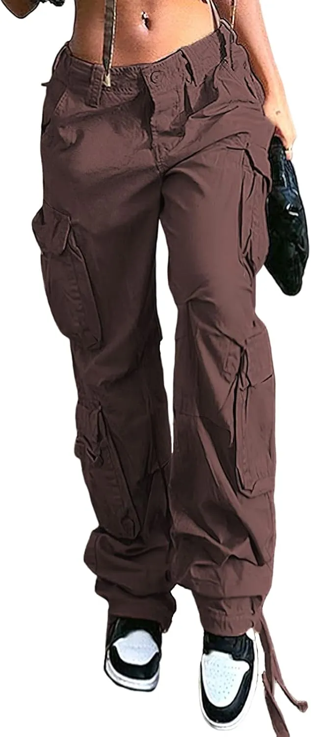 Women's Y2K High Rise Baggy Straight Leg Cargo Pants Streetwear Casual Boyfriend Trousers with Pockets