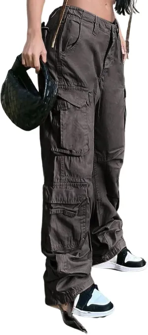 Women's Y2K High Rise Baggy Straight Leg Cargo Pants Streetwear Casual Boyfriend Trousers with Pockets