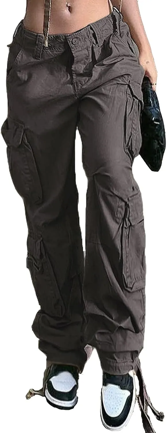 Women's Y2K High Rise Baggy Straight Leg Cargo Pants Streetwear Casual Boyfriend Trousers with Pockets