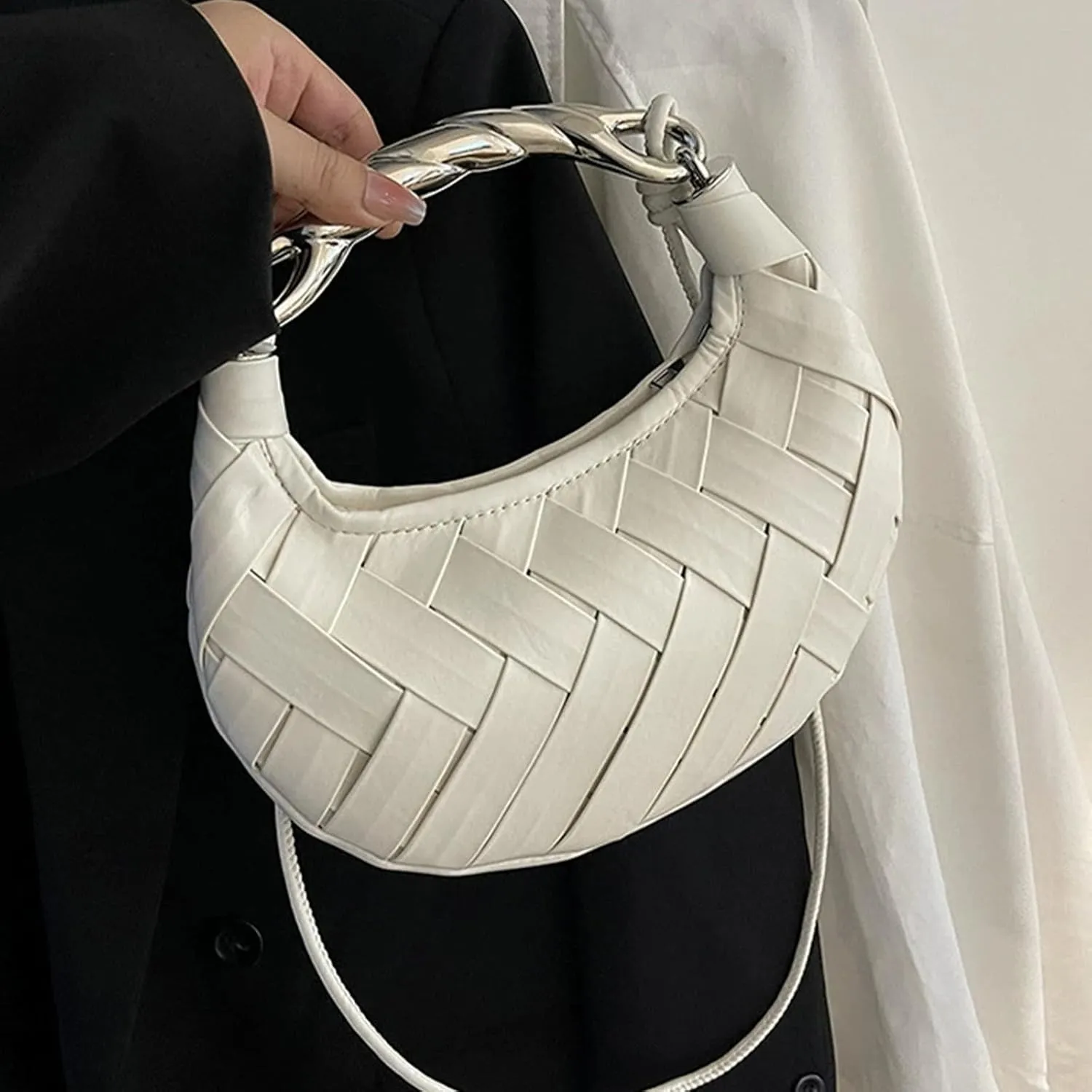 Woven Crescent Hobo Bag, Beige Leather Crossbody Purse