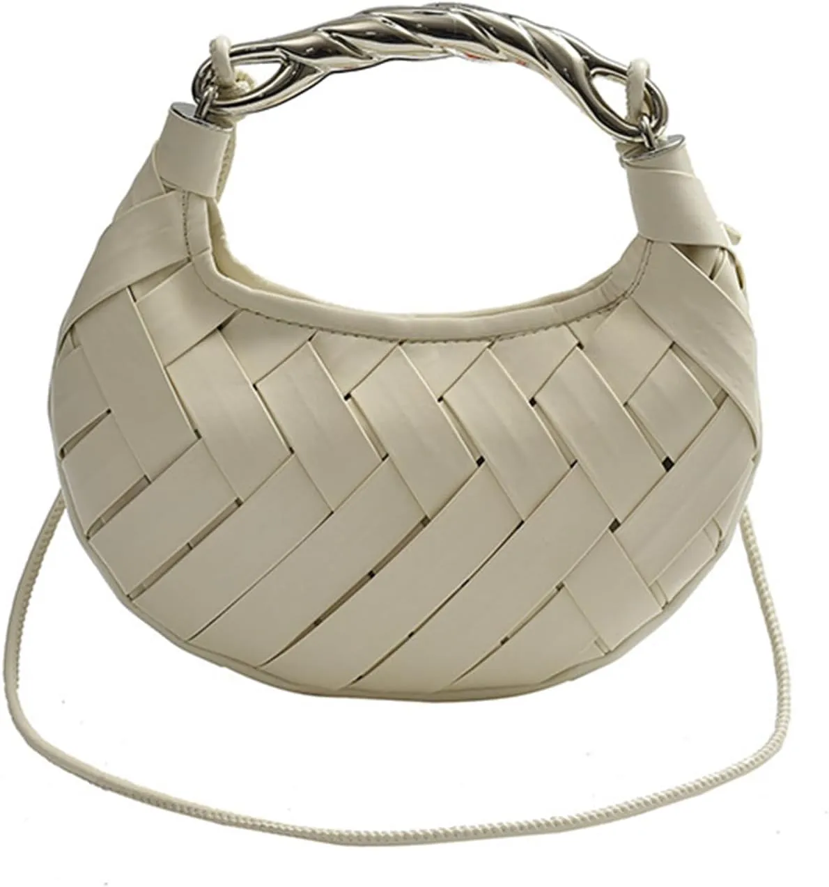 Woven Crescent Hobo Bag, Beige Leather Crossbody Purse