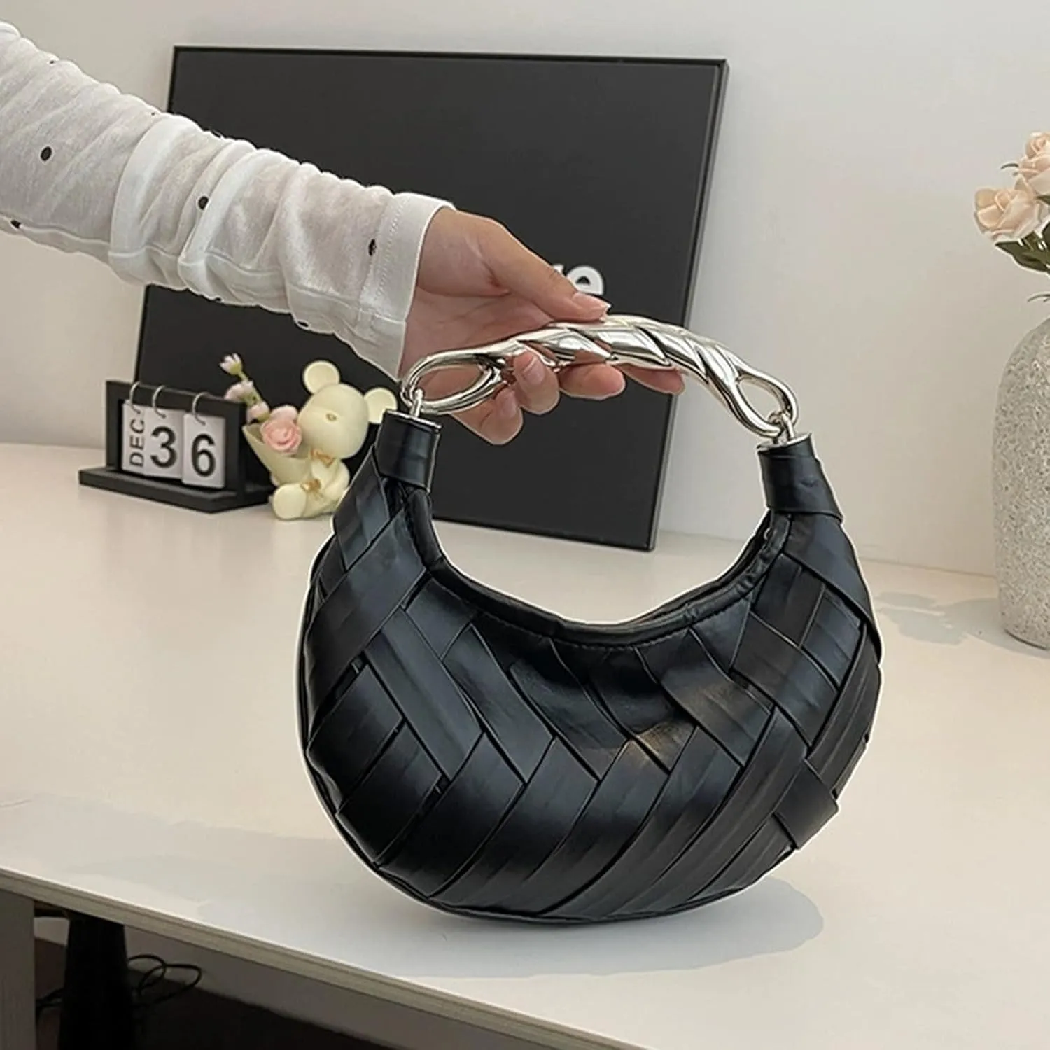 Woven Crescent Hobo Bag, Beige Leather Crossbody Purse