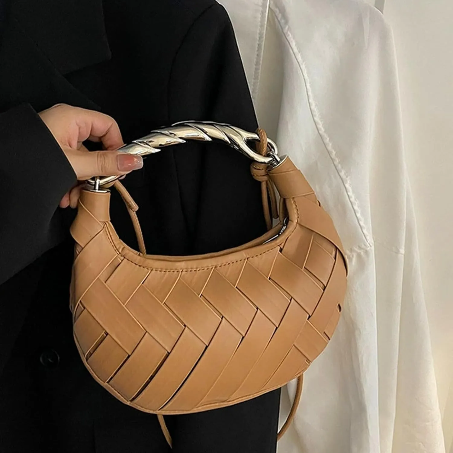 Woven Crescent Hobo Bag, Beige Leather Crossbody Purse