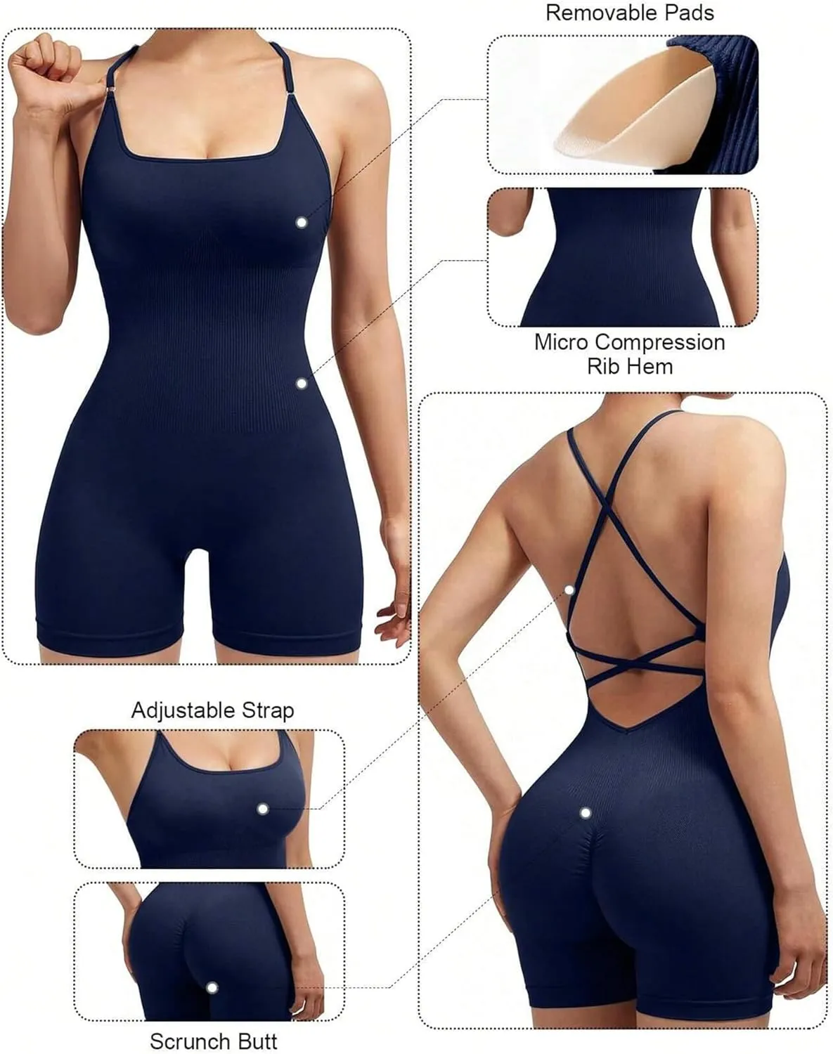 XZG Women Backless Workout Seamless Jumpsuit V Back Yoga Ribbed Outfits Bodysuit Tummy Control One Piece Romper Shorts