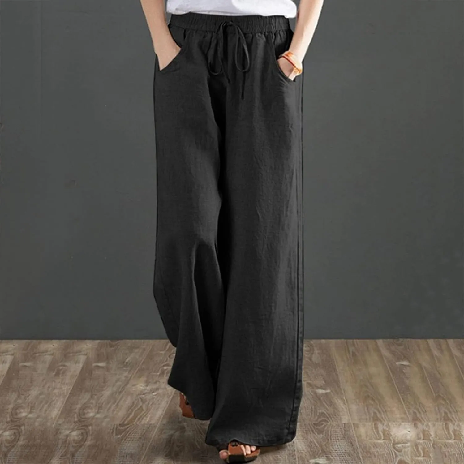 YOLAI Women's Cotton Linen Loose Pants Casual Wide Leg Trouser Solid Color High Waist Drawstring Trousers with Pockets
