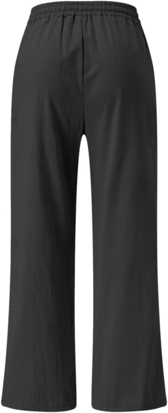YOLAI Women's Cotton Linen Loose Pants Casual Wide Leg Trouser Solid Color High Waist Drawstring Trousers with Pockets