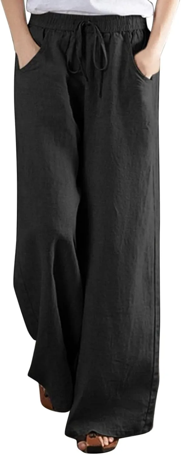 YOLAI Women's Cotton Linen Loose Pants Casual Wide Leg Trouser Solid Color High Waist Drawstring Trousers with Pockets