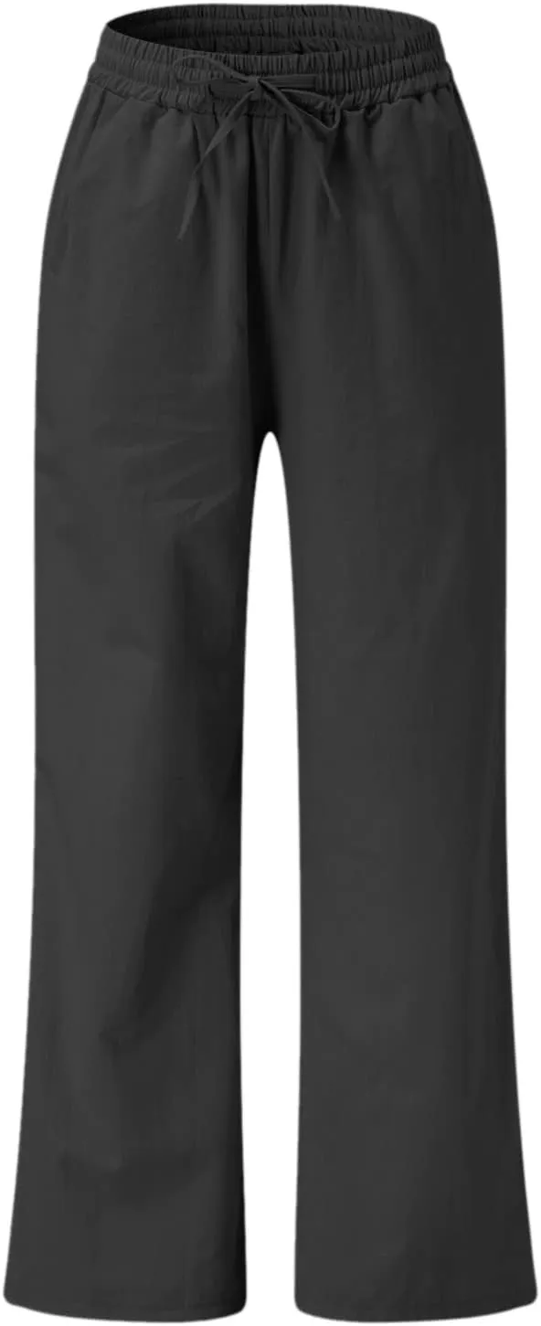 YOLAI Women's Cotton Linen Loose Pants Casual Wide Leg Trouser Solid Color High Waist Drawstring Trousers with Pockets