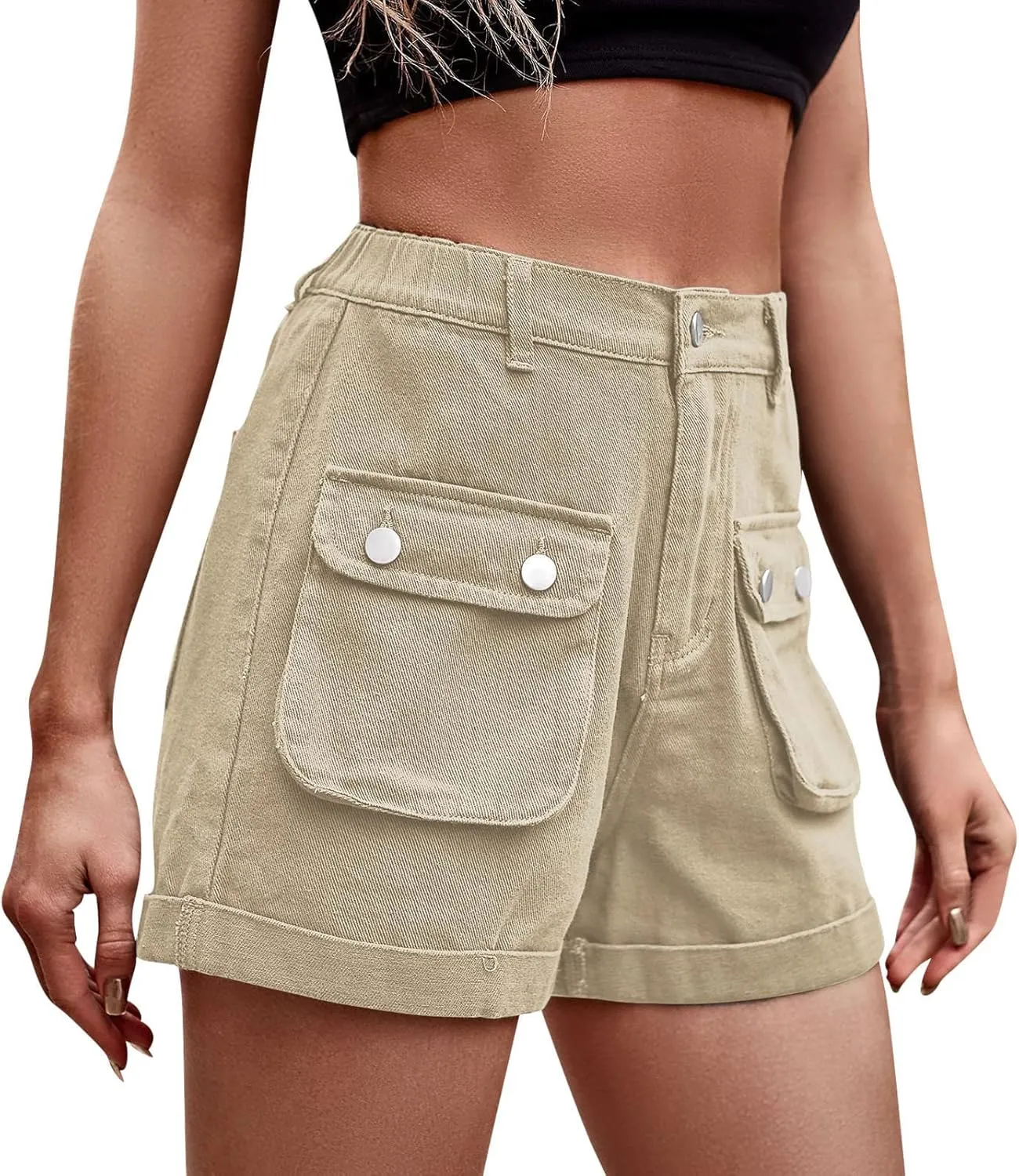 YOLAI Women's Summer High Waisted Denim Shorts Folded Hem Casual Jeans Short Streetwear Hip Hop Cargo Shorts with Pockets