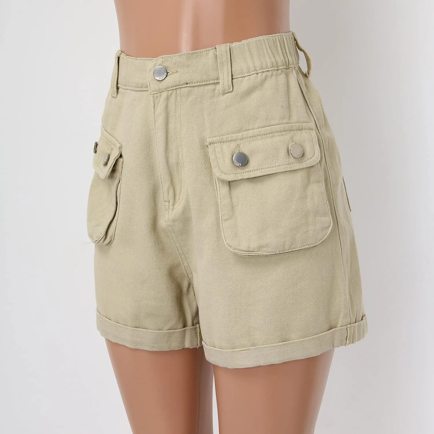YOLAI Women's Summer High Waisted Denim Shorts Folded Hem Casual Jeans Short Streetwear Hip Hop Cargo Shorts with Pockets