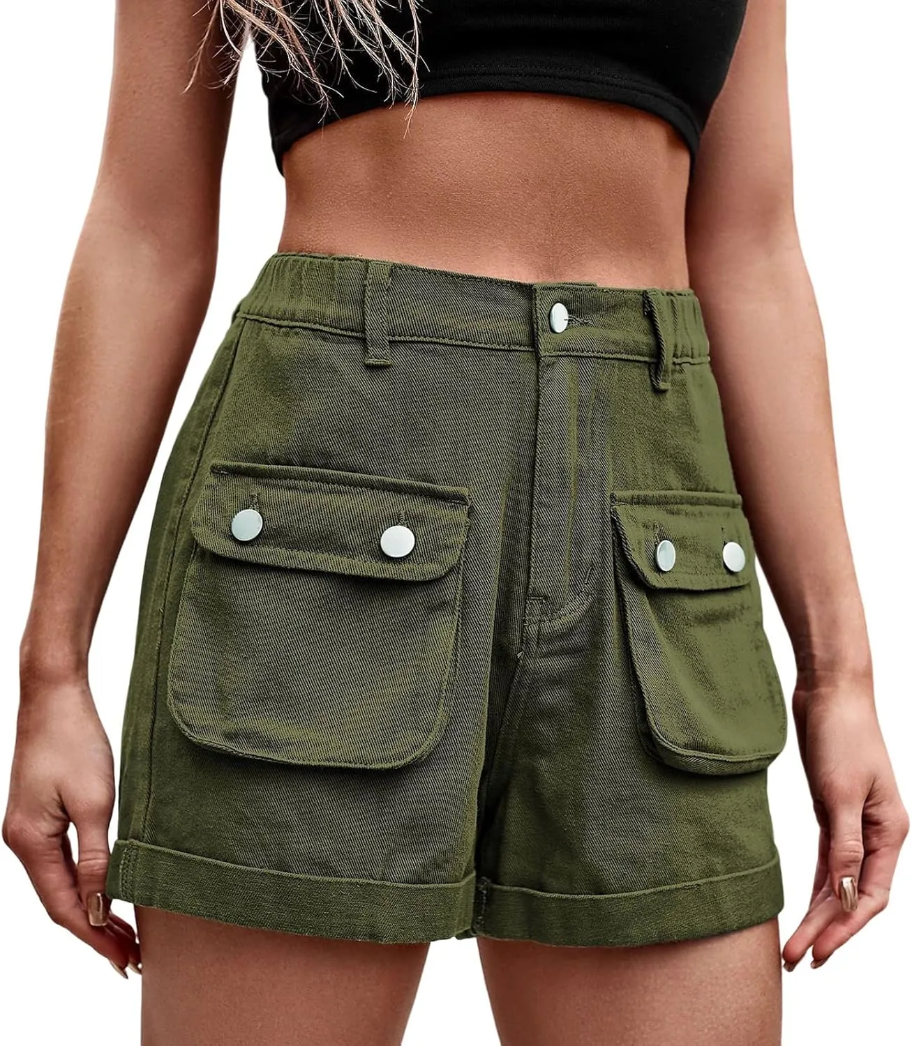 YOLAI Women's Summer High Waisted Denim Shorts Folded Hem Casual Jeans Short Streetwear Hip Hop Cargo Shorts with Pockets