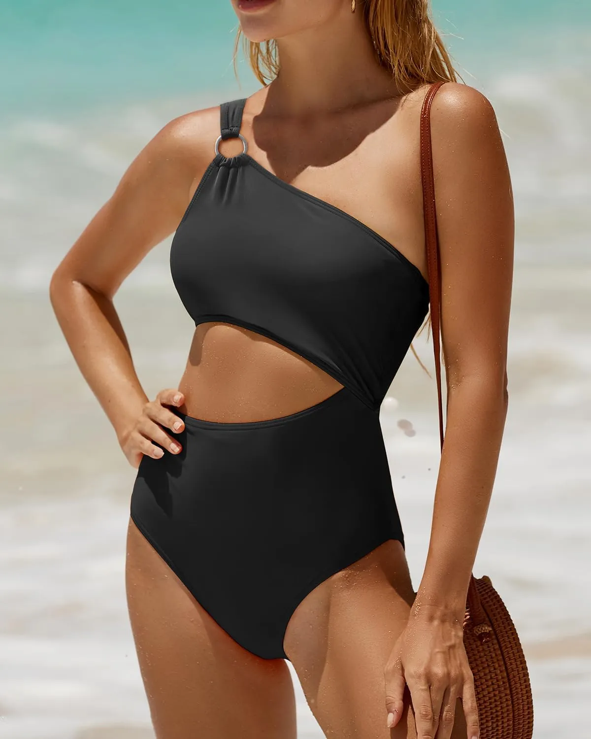 Yonique Women One Piece One Shoulder Swimsuit Mesh Bathing Suit Tummy Control Swimwear
