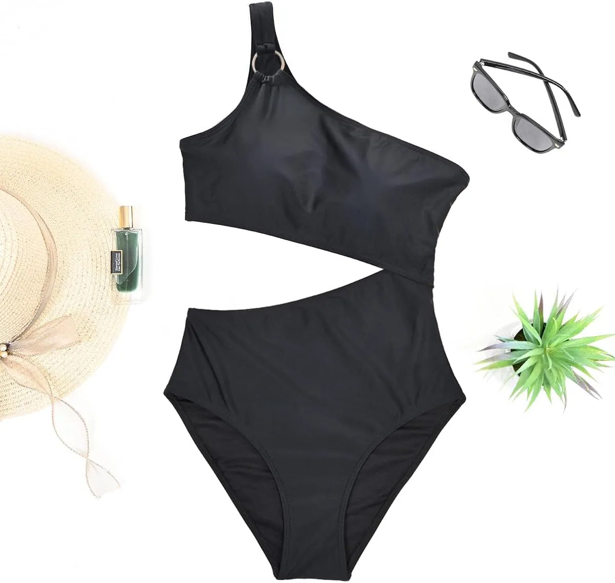 Yonique Women One Piece One Shoulder Swimsuit Mesh Bathing Suit Tummy Control Swimwear