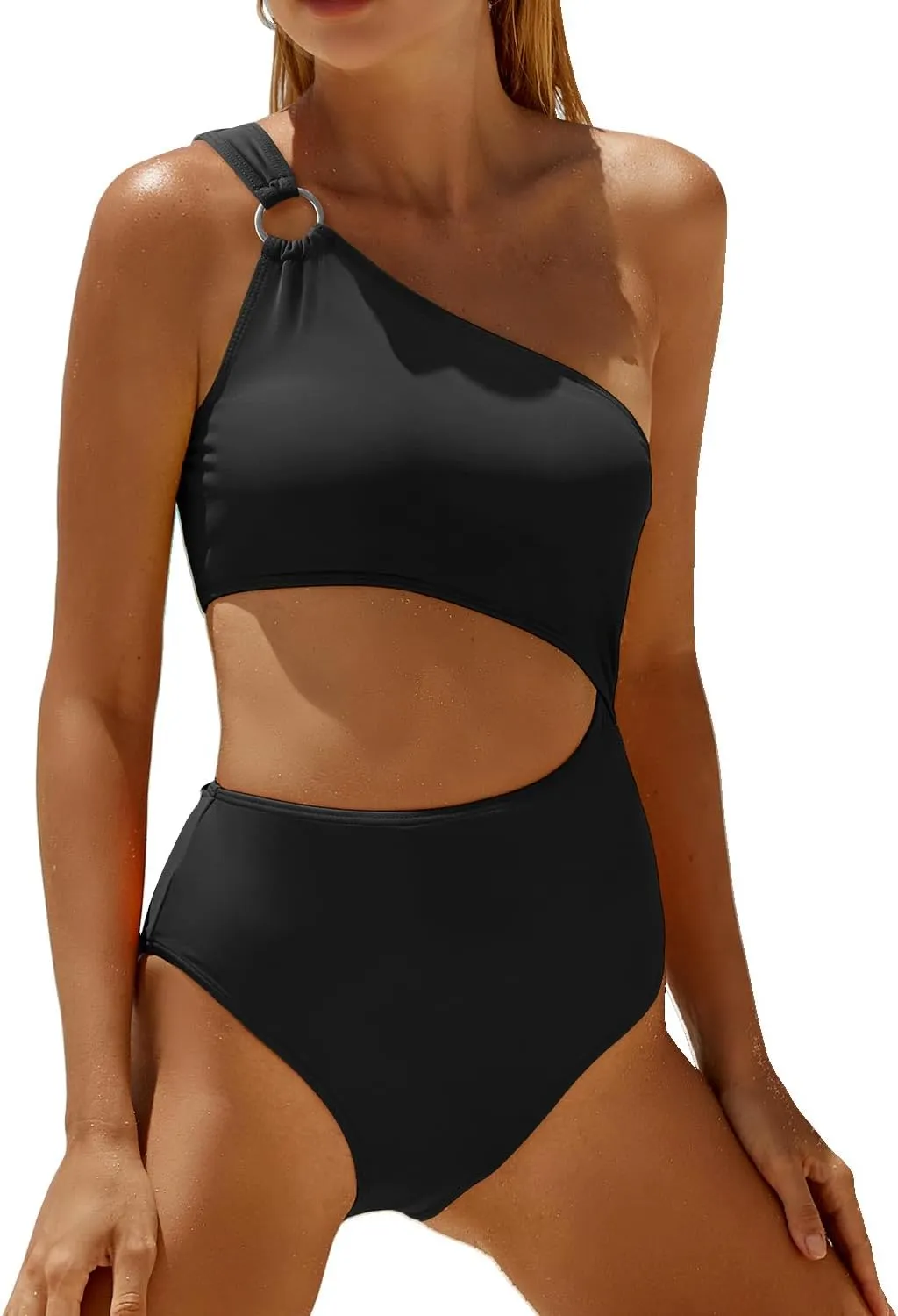 Yonique Women One Piece One Shoulder Swimsuit Mesh Bathing Suit Tummy Control Swimwear