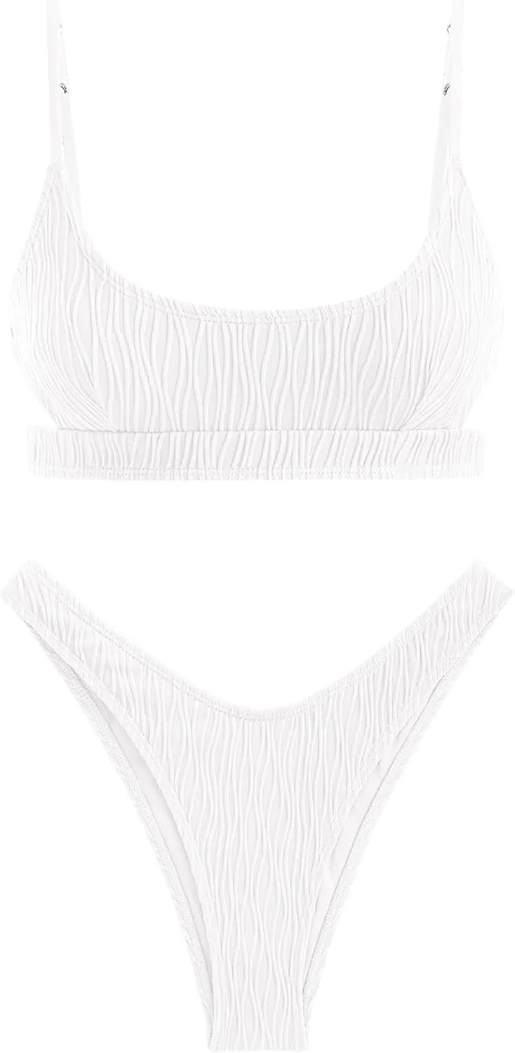 ZAFUL Women's Cutout Bikini Sets Scoop Neck Back Criss Cross Tie Ribbed High Cut Bikini Swimsuit Two Piece Bathing Suits