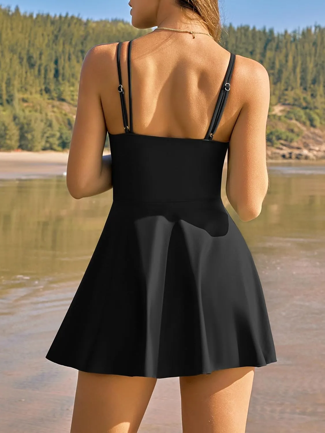 ZAFUL Womens One Piece Swimsuit Tummy Control Swimdress V Neck Cutout Bathing Suit Skirt