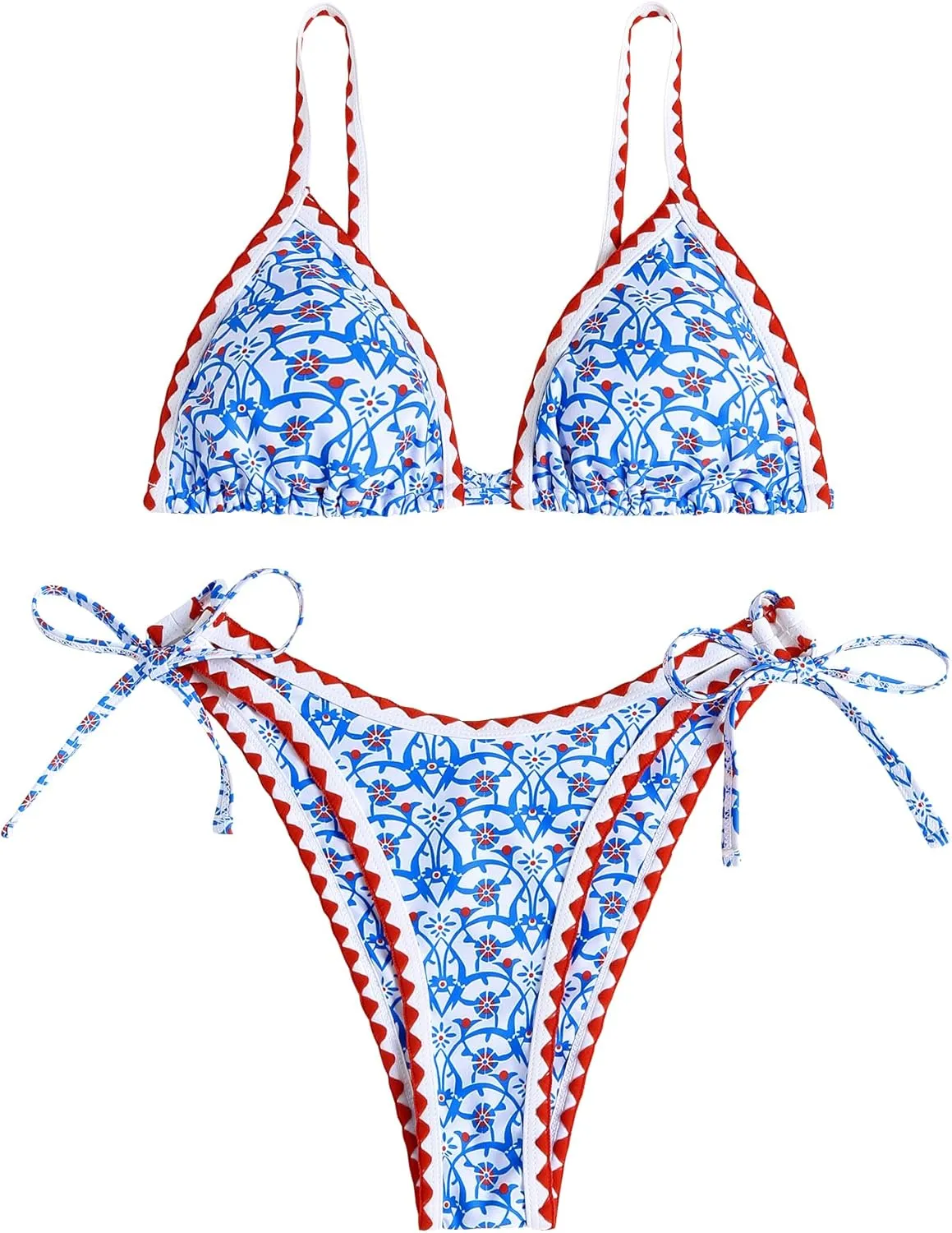 ZAFUL Women's Swimsuits Boho Floral Print String Thong Bikini Set Sexy High Cut Swimwear Bathing Suit