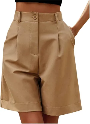 ZDRZK Summer Shorts for Women 2024 High Waist Button Pleated Bermuda Shorts Pockets Casual Business Dressy Trouser Shorts
