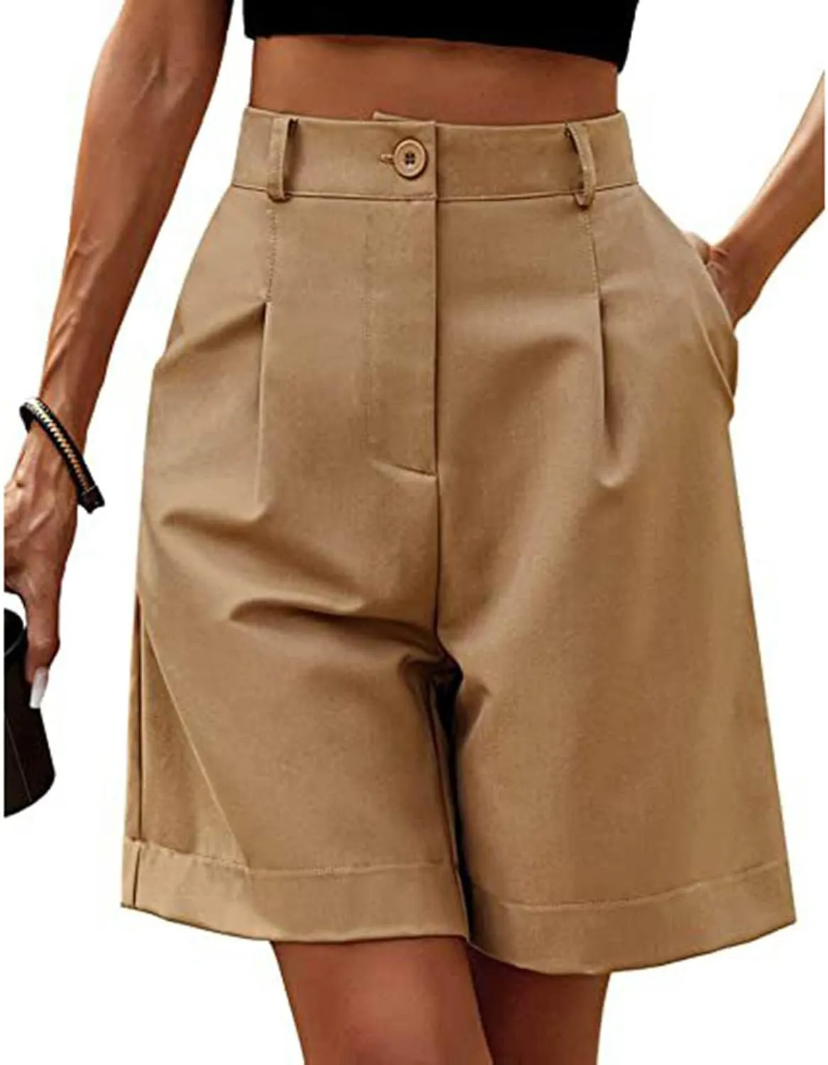 ZDRZK Summer Shorts for Women 2024 High Waist Button Pleated Bermuda Shorts Pockets Casual Business Dressy Trouser Shorts