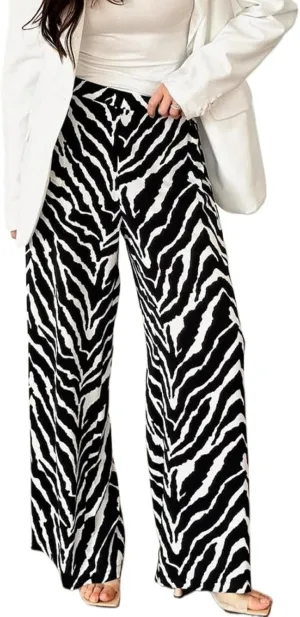 Zebra Print Pants for Women, Lightweight High Waist Draped Wide Leg Pants with Pockets, Casual Loose Fit Trousers