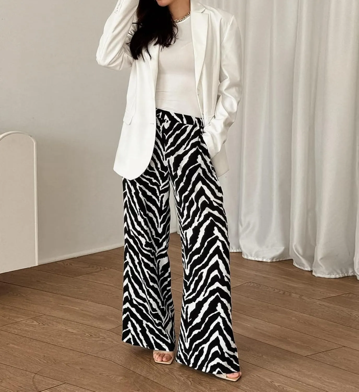 Zebra Print Pants for Women, Lightweight High Waist Draped Wide Leg Pants with Pockets, Casual Loose Fit Trousers