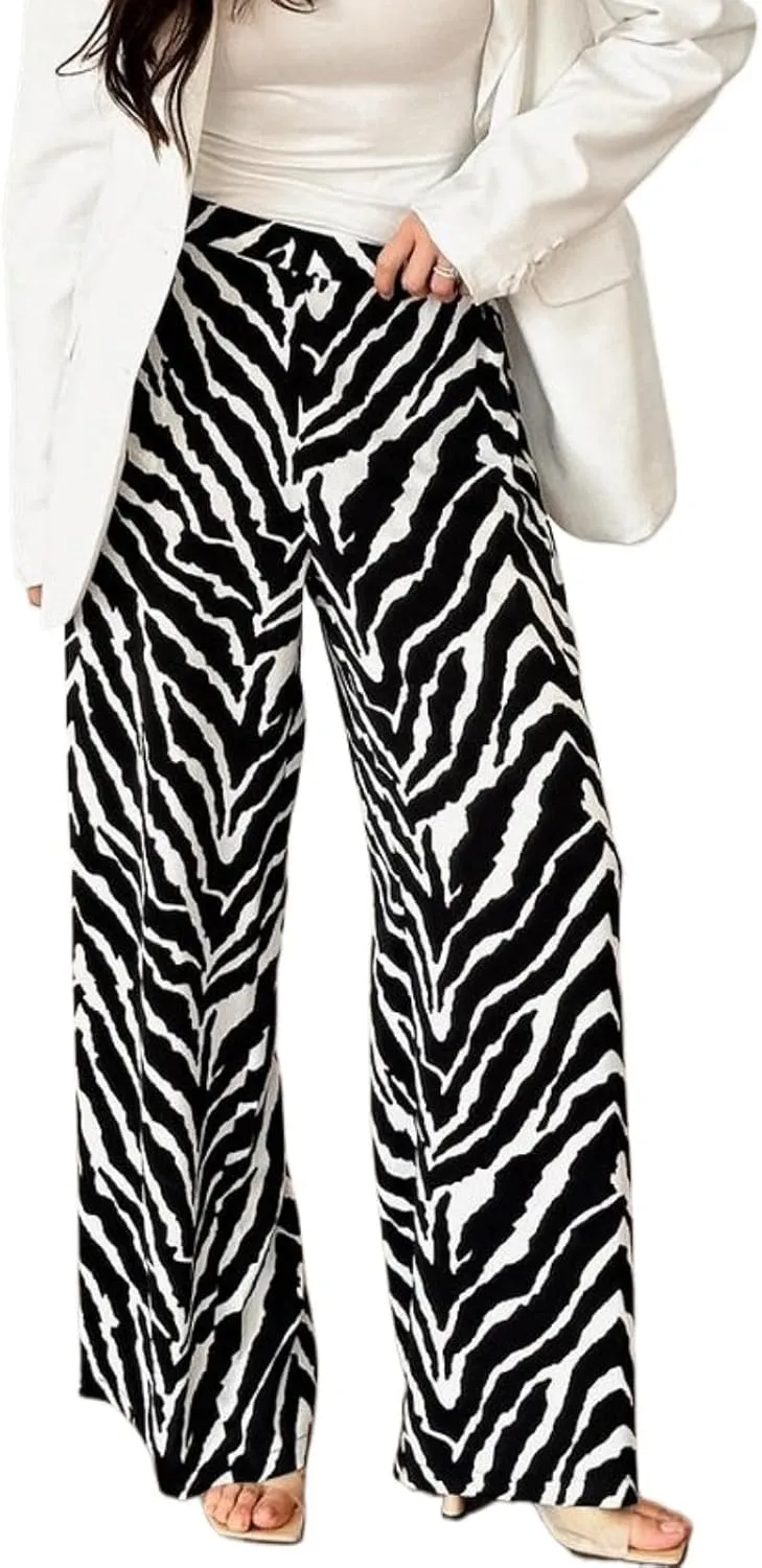 Zebra Print Pants for Women, Lightweight High Waist Draped Wide Leg Pants with Pockets, Casual Loose Fit Trousers